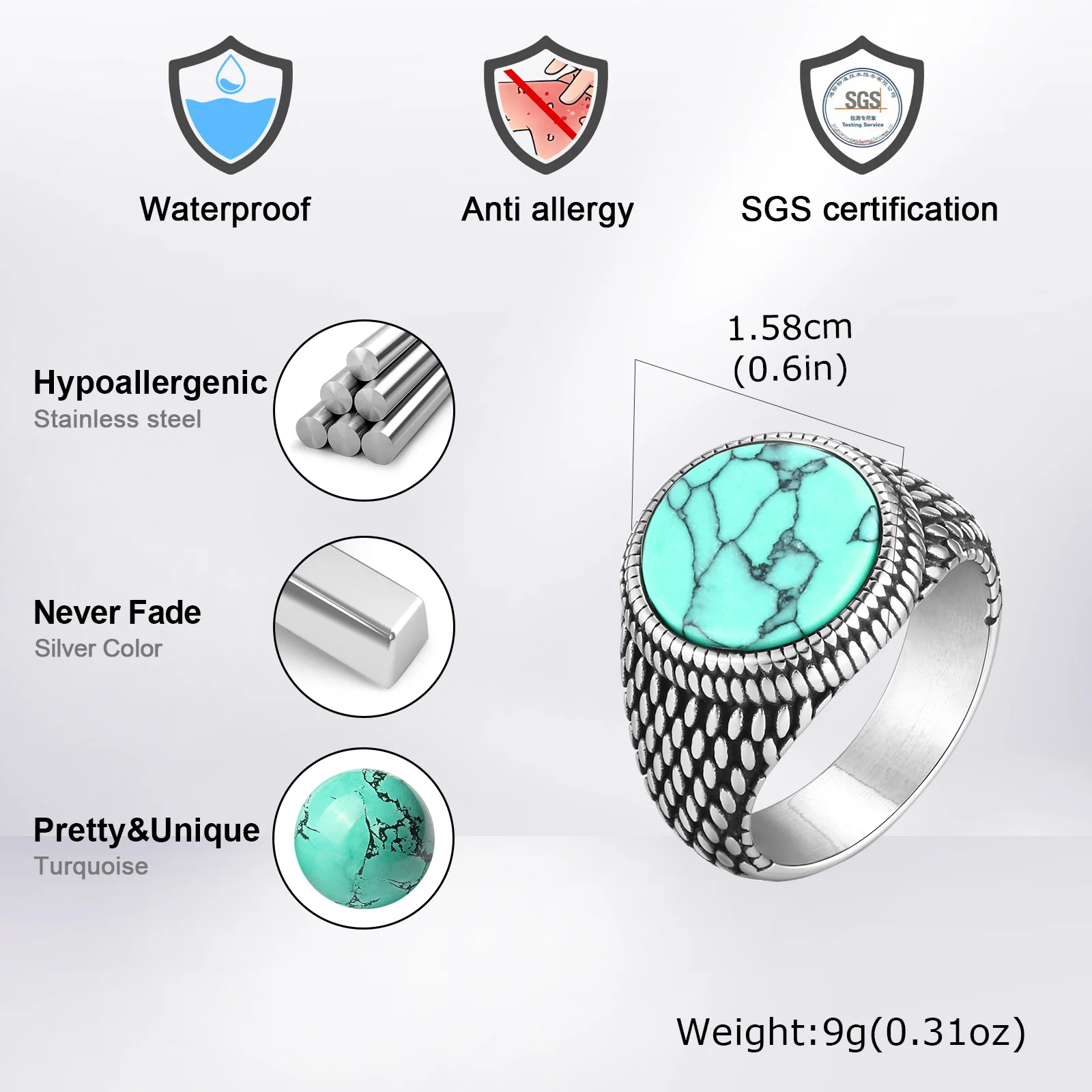 Geometric Turquoise Tiger Eyes Natural Stone Ring for Men, Chunky Stainless Steel Signet Rings, Fashion Punk Finger Jewelry Gift - view 6