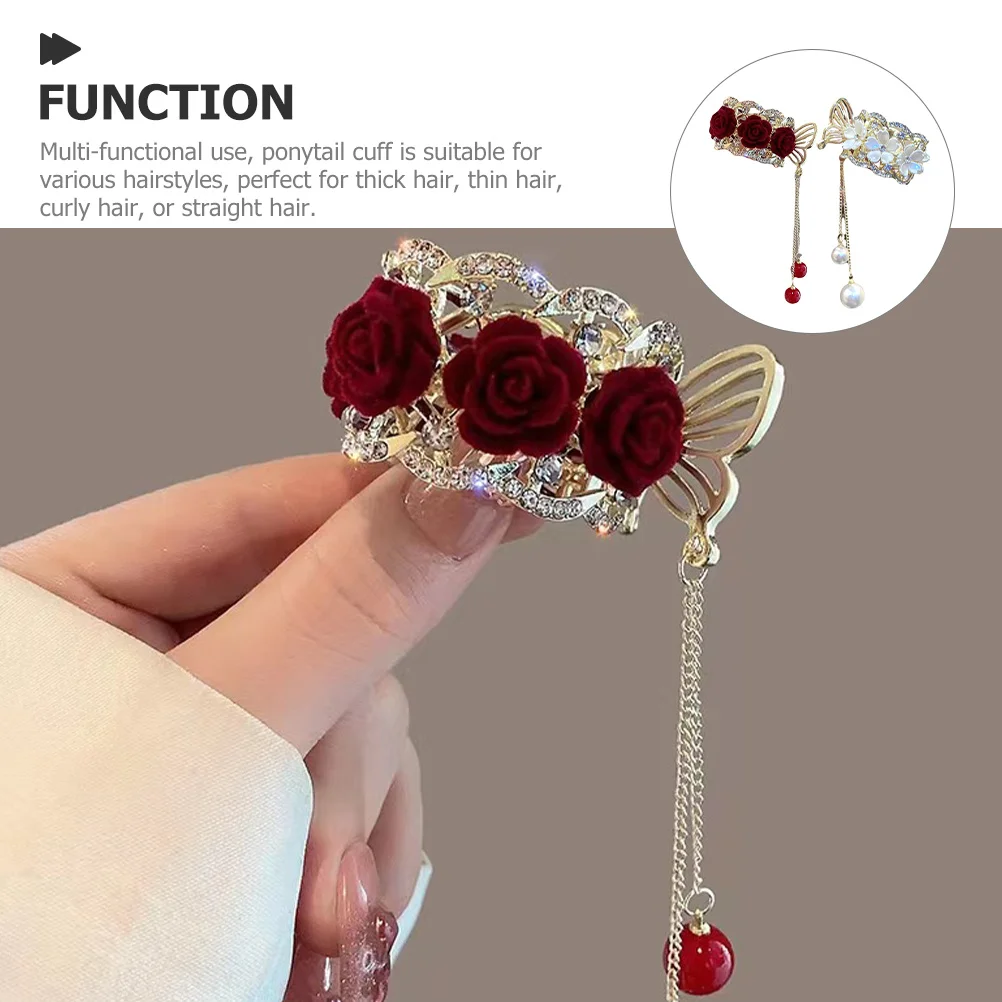 

2Pcs Ponytail Cuffs Rose Flower Hair Clips Alloy Claw Clip for Women Elegant Hair Accessories Perfect for Wedding Party Work