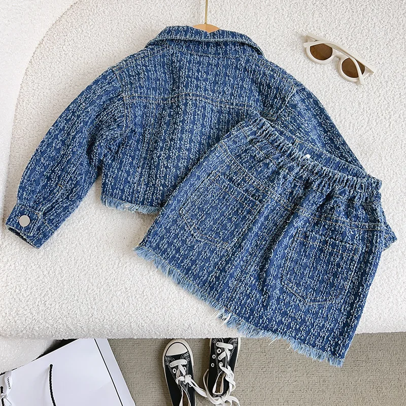 2024Spring and Autumn New Preppy Style Long-Sleeved Girls\' Hong Kong Style Denim Jacket Short Skirt Two-Piece Set