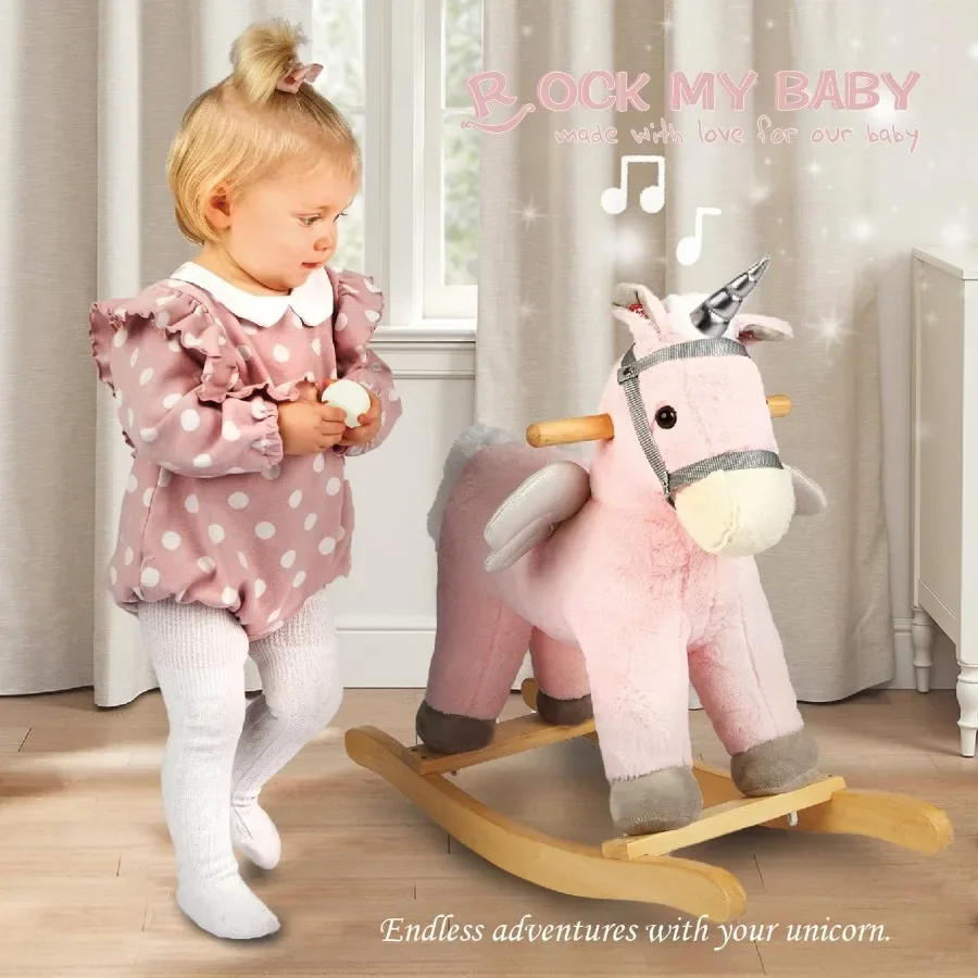 ม้าโยกยูนิคอร์นสีชมพู ตุ๊กตาม้าโยกมีเสียงสมจริง สำหรับเด็กวัยหัดเดิน 18 เดือนขึ้นไป ได้รับการรับรอง CPC