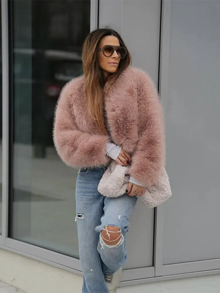 Elegant Women Solid Imitation Faux Fur Fluffy Coat Chic O Neck Long Sleeve Loose Short Cardigan Autumn Winter Lady Outerwear