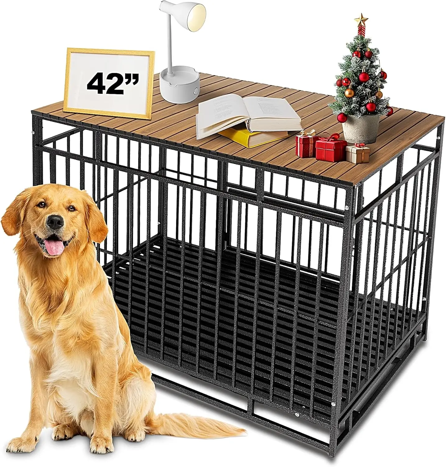

Dog Crate Topper Metal with Magnets for 42 Inch Crate - Aluminum Foldable Kennel Topper Decorative Storage Table Walnut