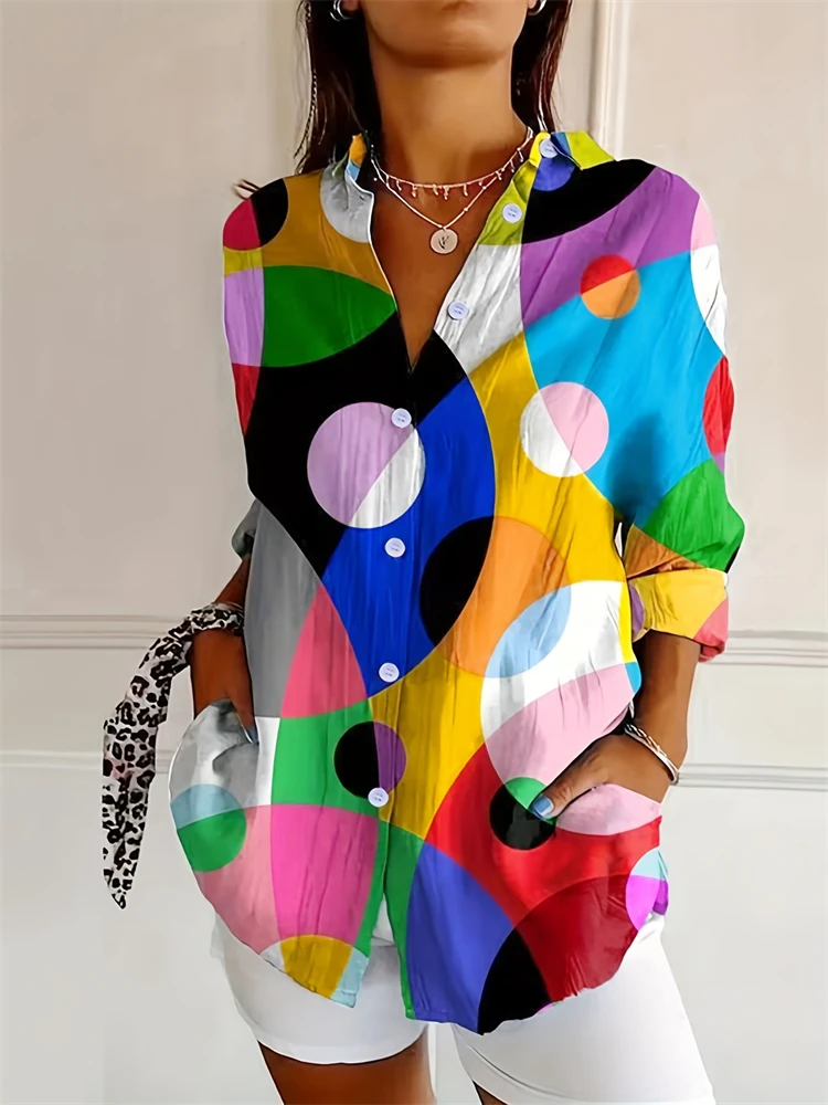 ファッションスペードパッチワークプリントラペルシャツ女性の夏薄いクールシャツフレンチエレガントな V ネック長袖シャツ女性の