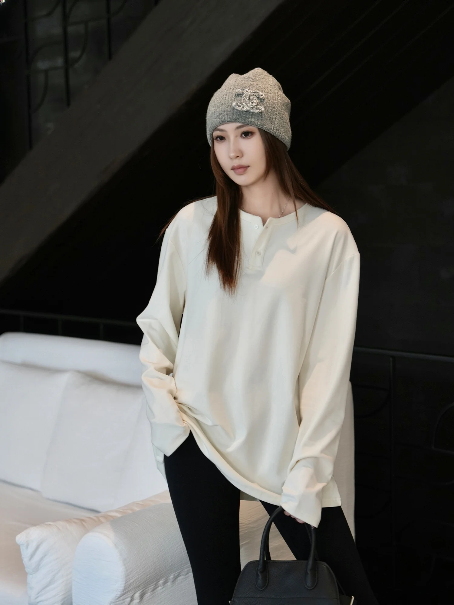 

Толстовка средней длины с воротником Генри для похудения, женская тяжелая футболка 330 г, повседневная длинная футболка из смеси хлопка све