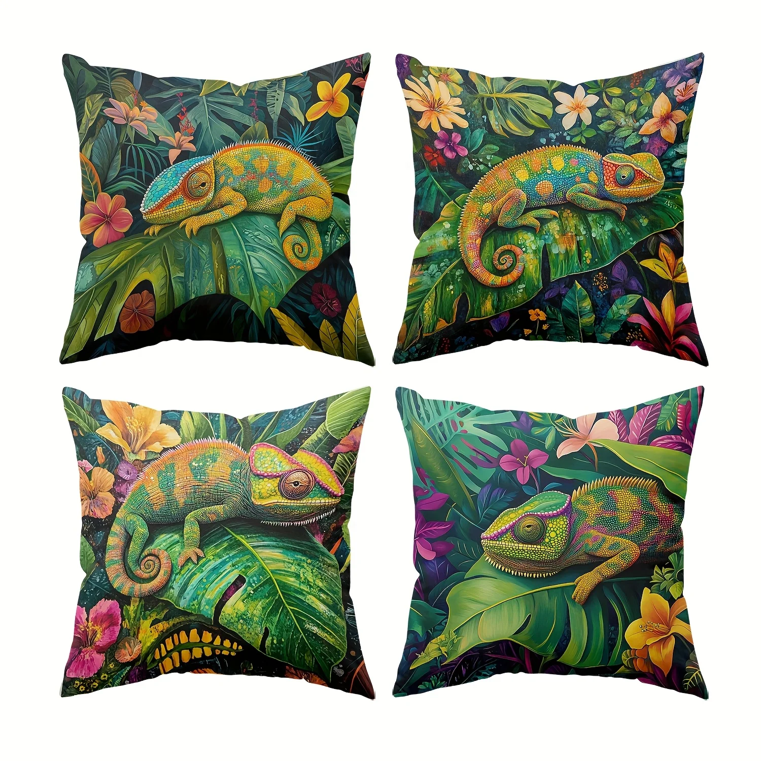 4 Pack Jungle Theme Cushion Covers 45x45cm Artistic Chameleon & Tropical Flower Print on Deep Green Fabric for Sofa Decor