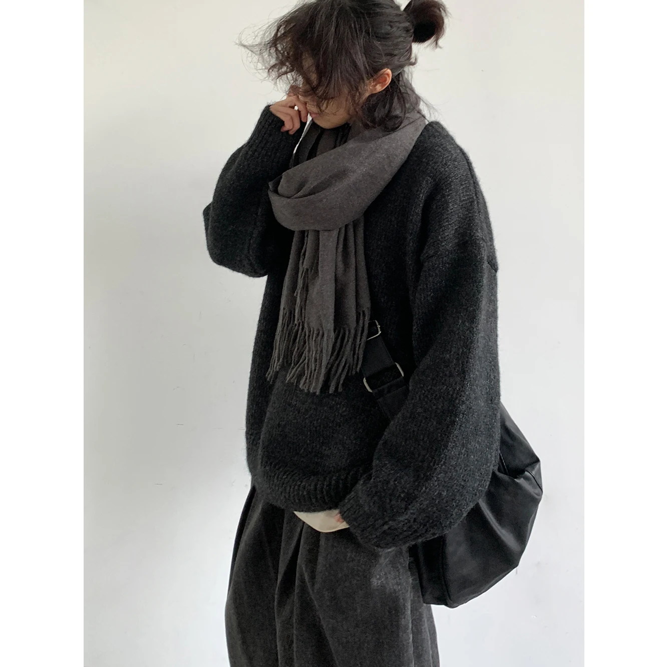 

Retro Japanese Sle Loose Knitted Sweater ex Autumn Winter New Arrival Basic Crew Ne Long Sve T-irt for Couples