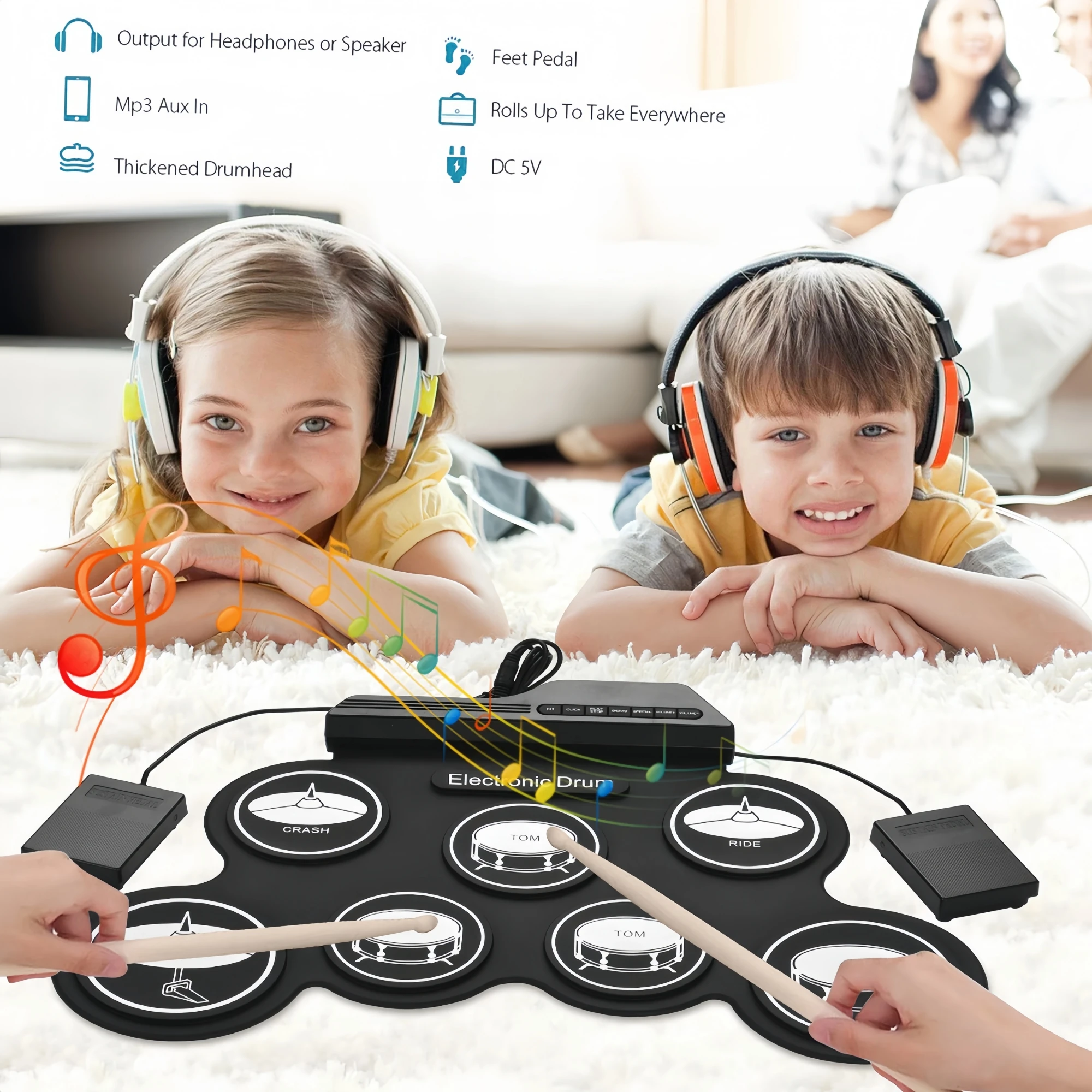 Miwayer Folding Silicone Hand Roll Electronic Drum USB Portable Practice Pad Kit w/ Drumsticks & Sustain Pedal for Kids