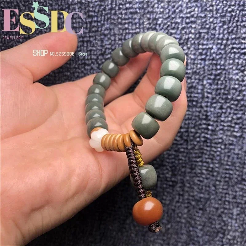 Natural Green Bodhi Root  Barrels Beads Single Circle Strand Bracelets Men and Women Buddhist Prayer Jewelry Wholesale