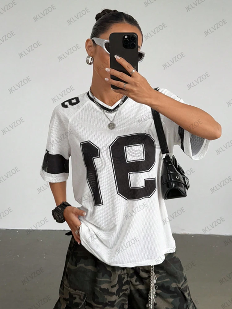 Sommer Neue Schwarz Speed 91 Drucken T-Shirt Für Frauen V-ausschnitt Patchwork Kurzarm Sport Fußball Jersey Y2K Lose Übergroßen Tops – Detail 11