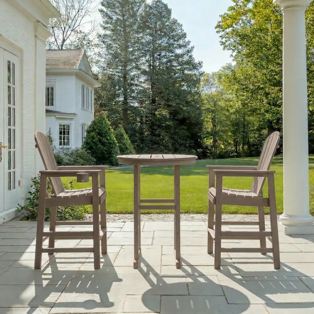 

3-Piece Antique Wood HDPE Bar Bistro Set Indoor Outdoor 31.1" round Table 2 Stools All-Weather Patio Furniture
