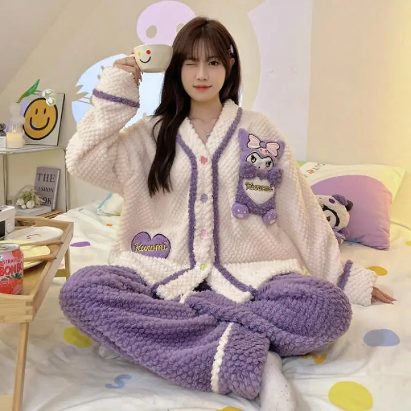 New Hello Kittys Pajamas Sanrio Anime Cartoon Kawaii Kuromi Pochacco Autumn Winter Coral Fleece Keep Warm Woman Loungewear Set