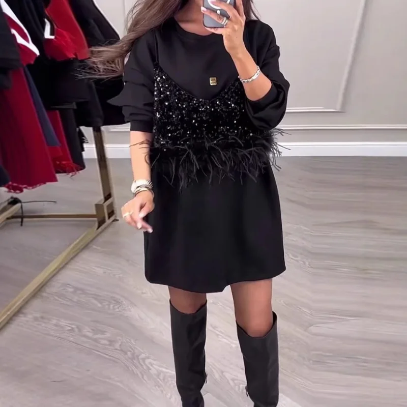 

2025Popular Winter New2025New European and American Solid Color round Neck Elegant Sequins Stitching Dress Women's Cloth