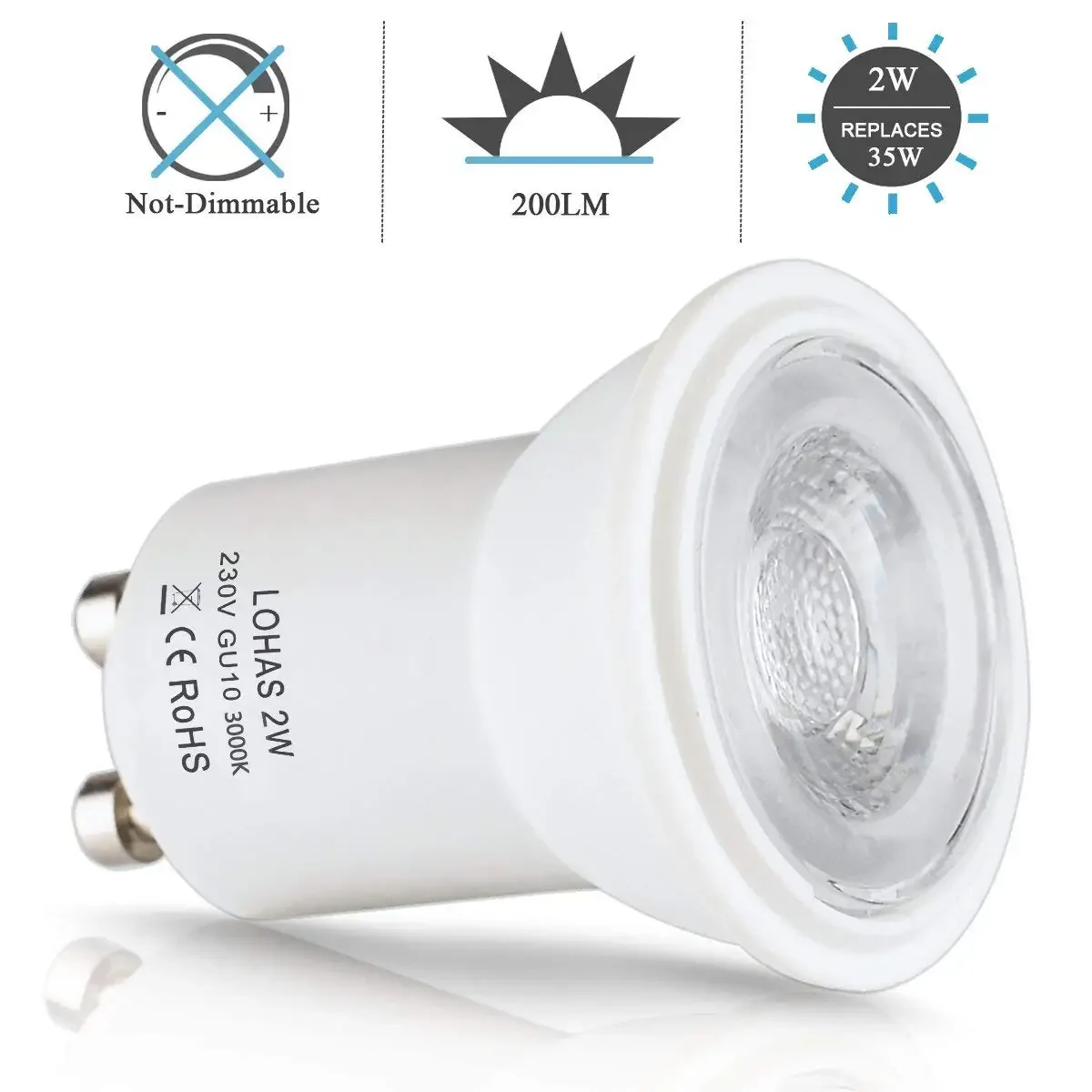Lampu LED bohlam 2W Mini GU10 SMD 3000/6000K, pengganti hangat/dingin 35Watt untuk kecil 35mm tidak dapat diredupkan [kelas energi A +]6 pak