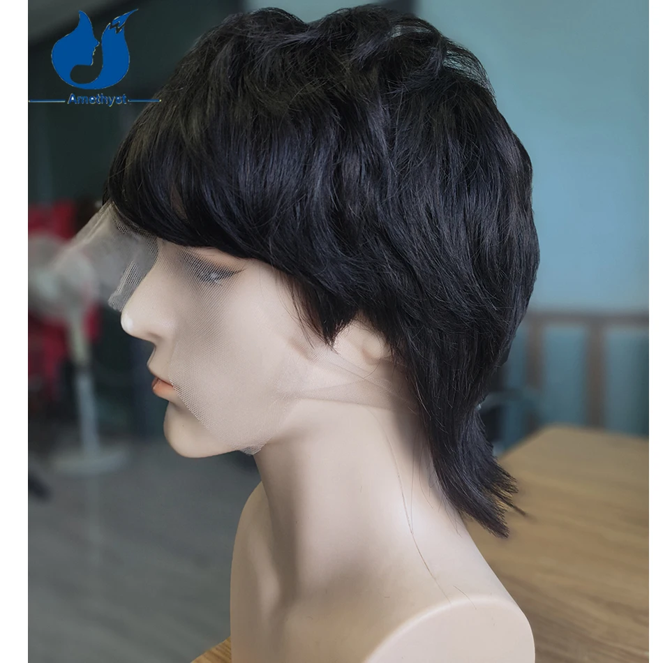 Amethyst Mullet Short Pixie Cut Men's Wig Human Hair with Bang Natural Black 13x6 Lace Front Wig Brazilian Remy Pre Styled - Image 4