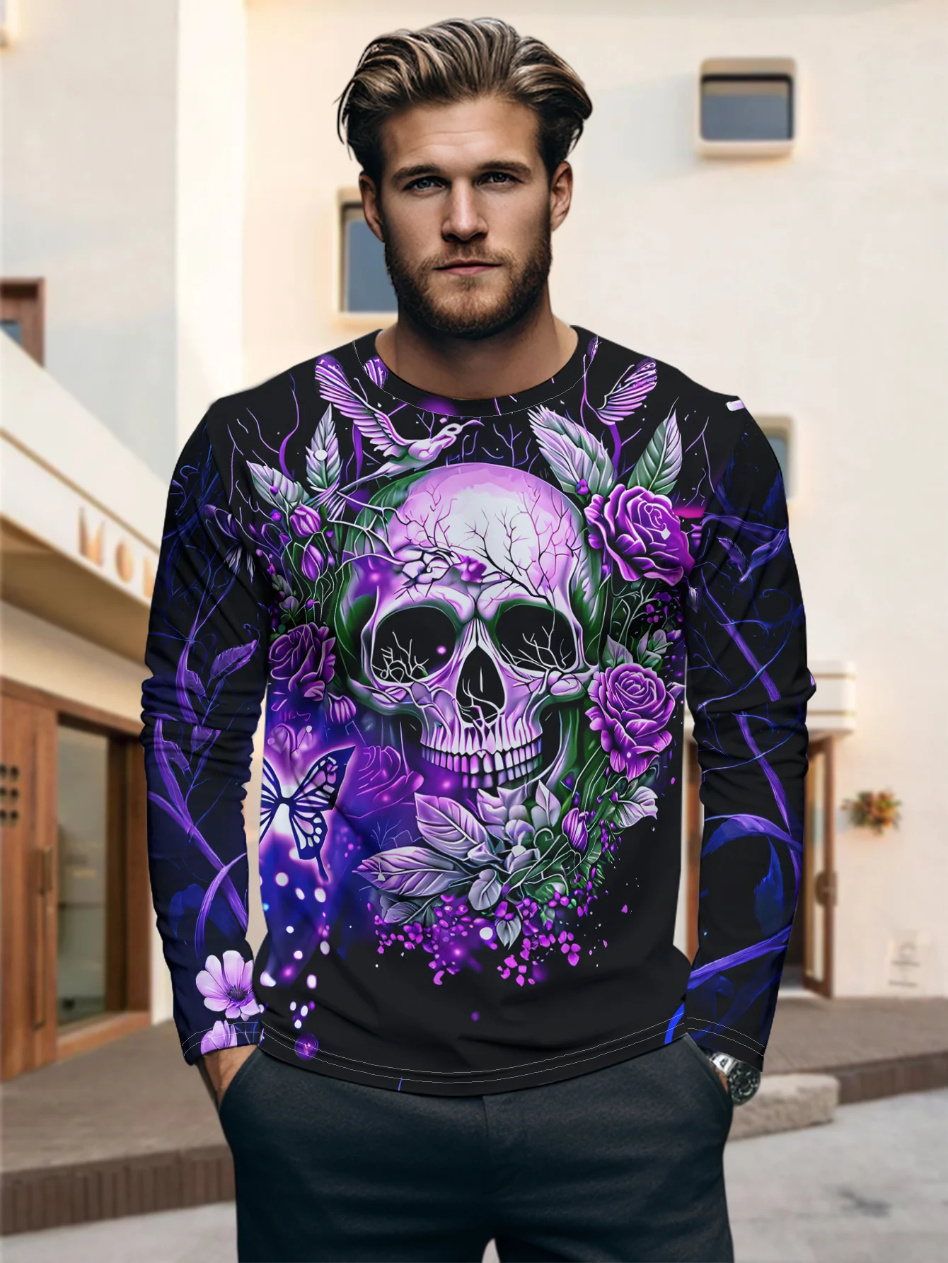 Men Long Sleeve T‑Shirt Purple Skull Rose Butterfly Floral 3D Print Gothic Street Party Casual Top