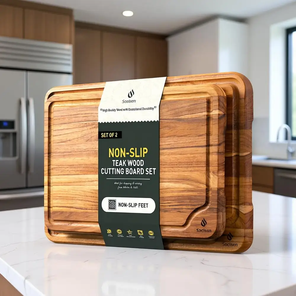 

Premium Teak Cutting Board Set with Non-Slip Feature, Ideal for Kitchen Use and Over Sink