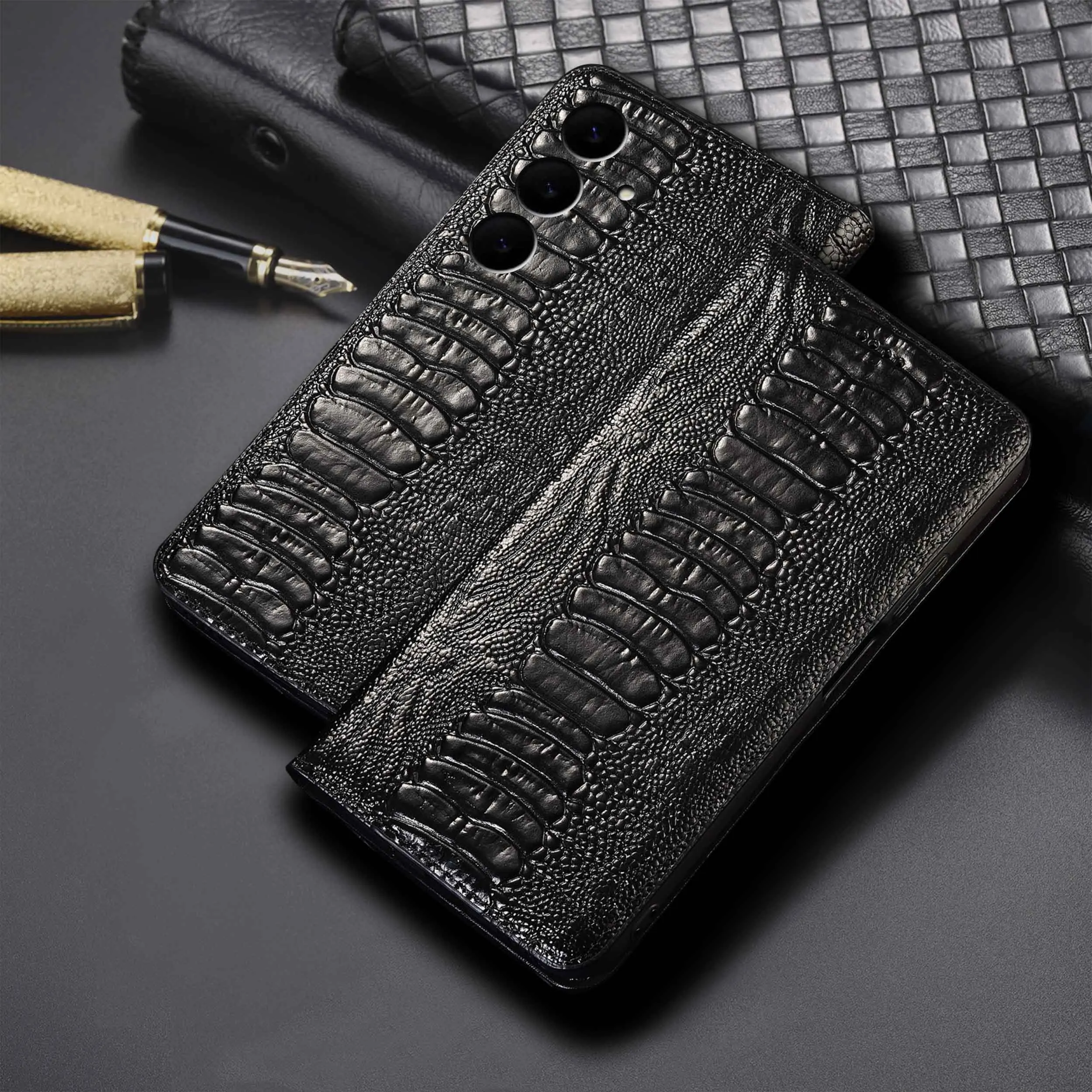 

For Samsung Galaxy M13 M23 M33 M53 M55 M14 M15 M34 M54 4G 5G Ostrich Feet Pattern Genuine Leather Wallet Flip Phone Case Cowhide