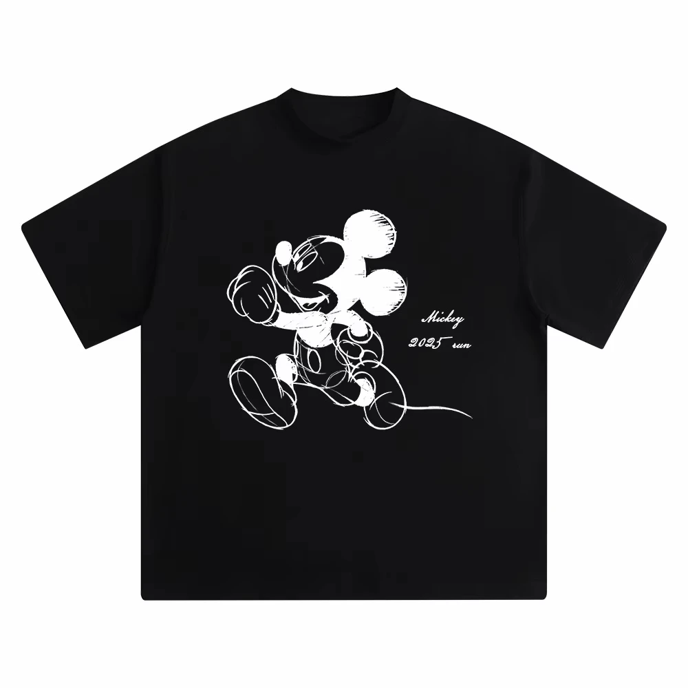 

2025 Summer New Disney Cute Mickey Short-sleeved T-shirt Men's and Women's Heavy Cotton Couple Street Fashion Top