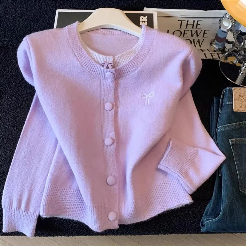 

Purple Red Short Knitted Sweater Women Korean Cardigan Jacket Bow Embroidery Fake Two-Piece Design Ladies Knitwear Pull Femme