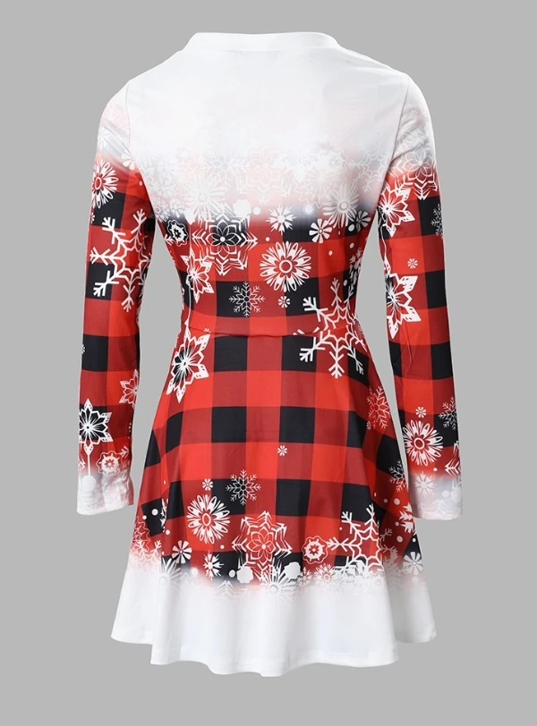 Damen 2024 Neues Weihnachts-Schneeflocken-Gitter-bedrucktes Freizeitkleid mit Rundhalsausschnitt und langen Ärmeln, A-Linien-Kleid, Mini-Weihnachtskleid