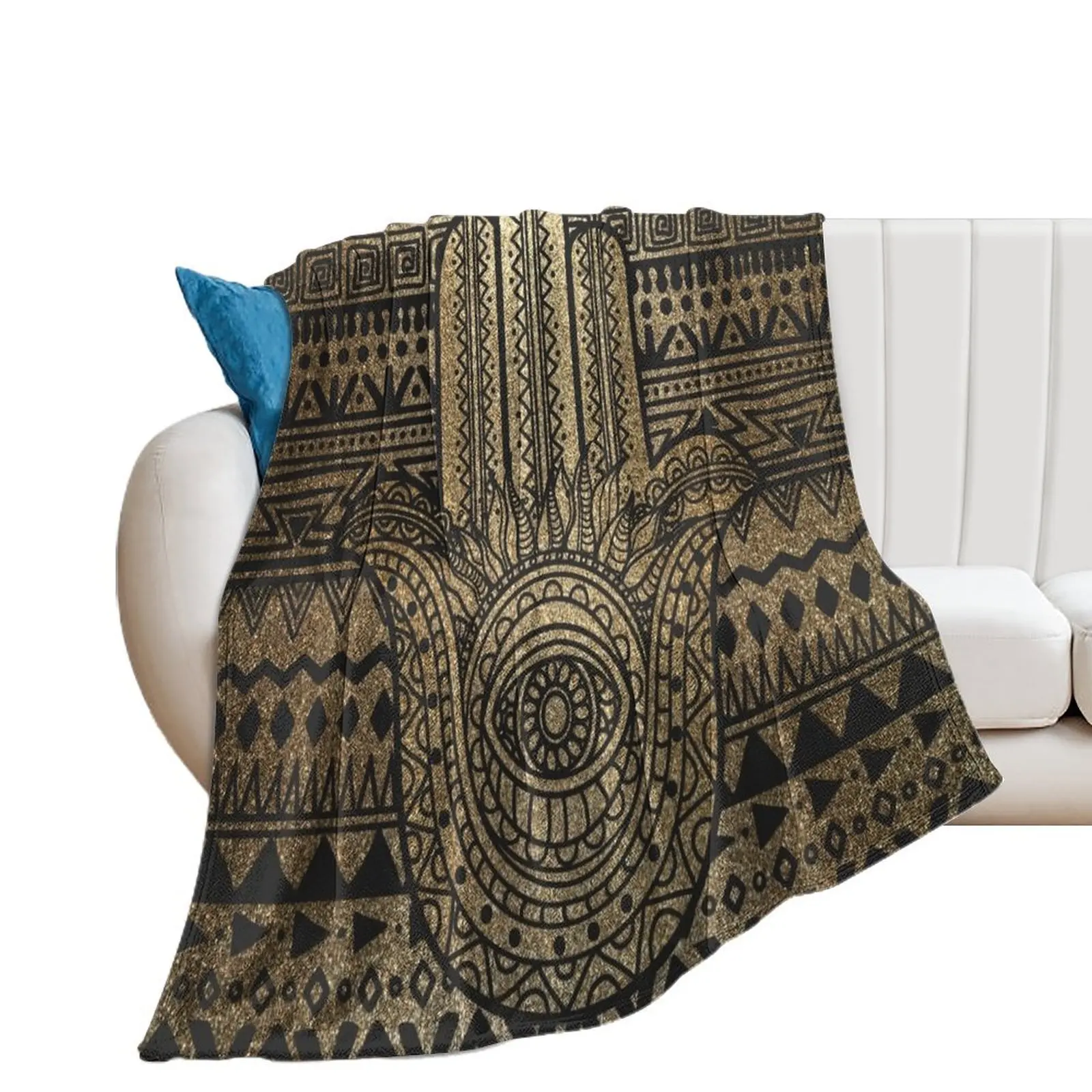 Native Pattern Golden Hamsa Hand Throw Blanket Luxury Throw Shaggy Decorative Sofa Cute Plaid Blankets