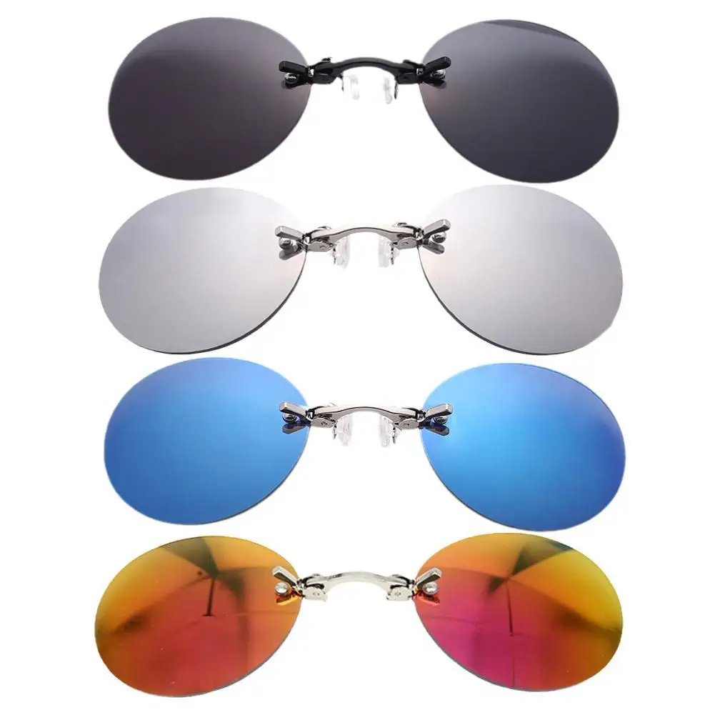 Round Clip-Nose Sunglasses Rimless Punk Clip On Sunglasses Women Men Driving Sunglasses Frameless Coating Eyeglasses
