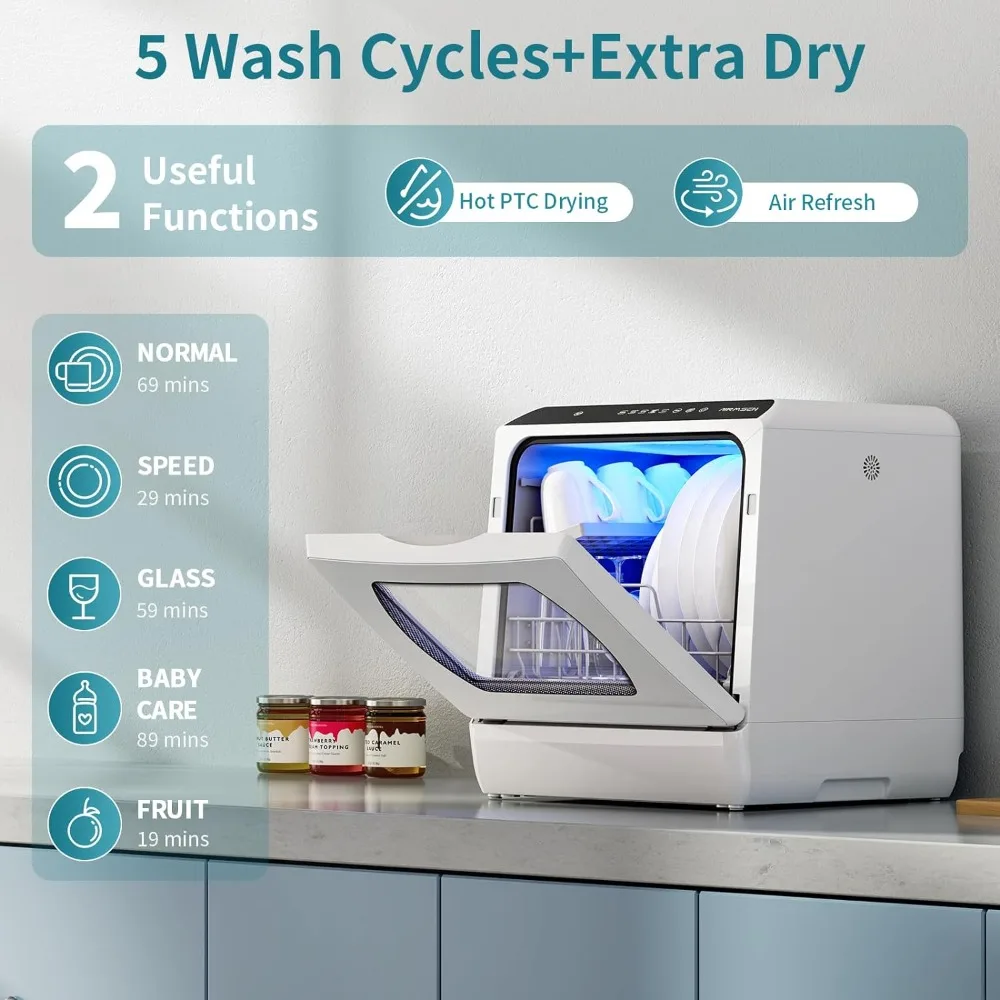 Tragbare Arbeits platten geschirrs püler, 5 Wasch programme Mini-Geschirrs püler mit 5 l eingebautem Wassertank und zwei schicht iger Glastür