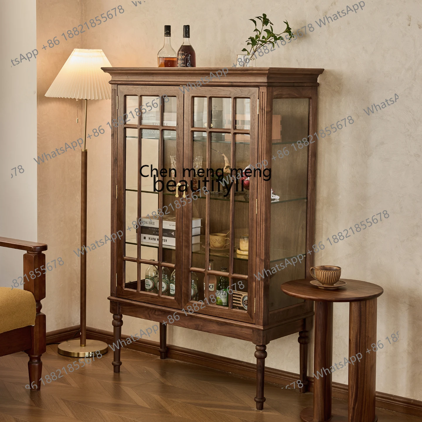 X  Black walnut wine cabinet, all solid wood porch cabinet, retro windshield door, display, side cabinet