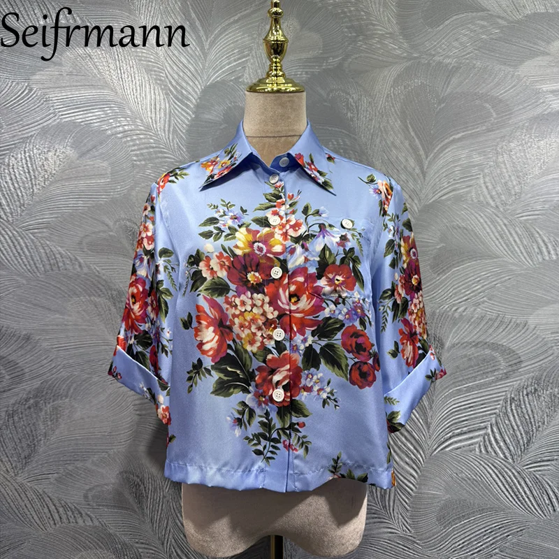 

Женская одежда Seifrmann 2026: Новая модная шелковая блузка с принтом, отложным воротником и коротким рукавом на одной пуговице