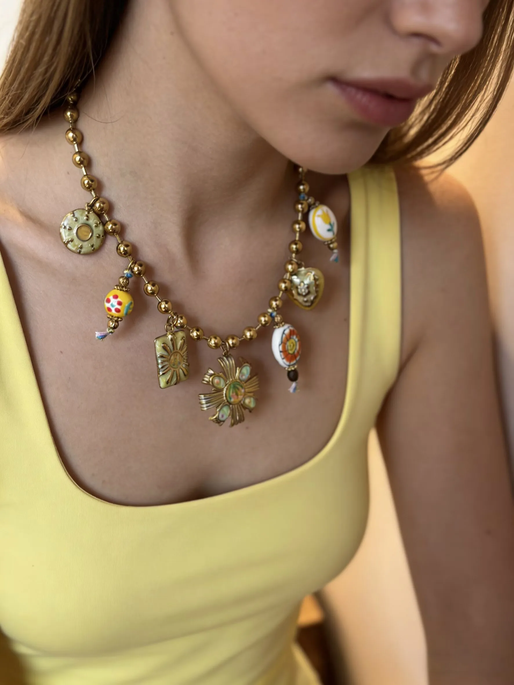 Peri'sbox Fashionable Exquisite Enamel Ceramic Stone Pendant Women's Steel Ball Chain 18K Gold-Plated Stainless Steel Jewelrys