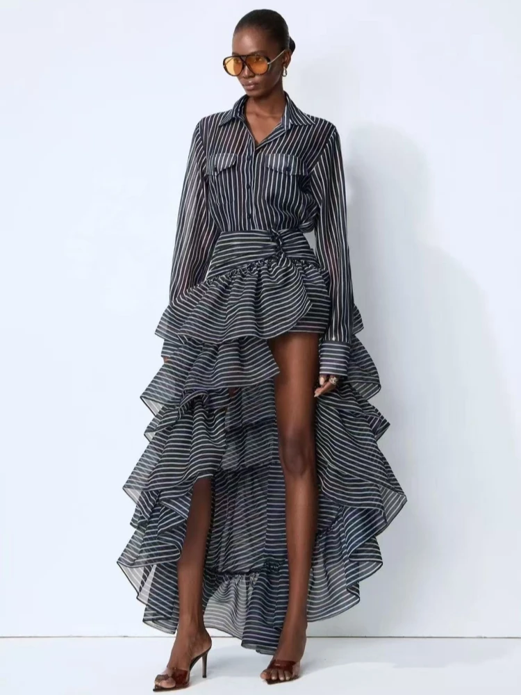 Sexy Stripe Skirt Two Piece Set Sexy Long Sleeves Shirt + Long Layered Tiered Ruffle Skirt Suits Evening Cocktail Party Suit