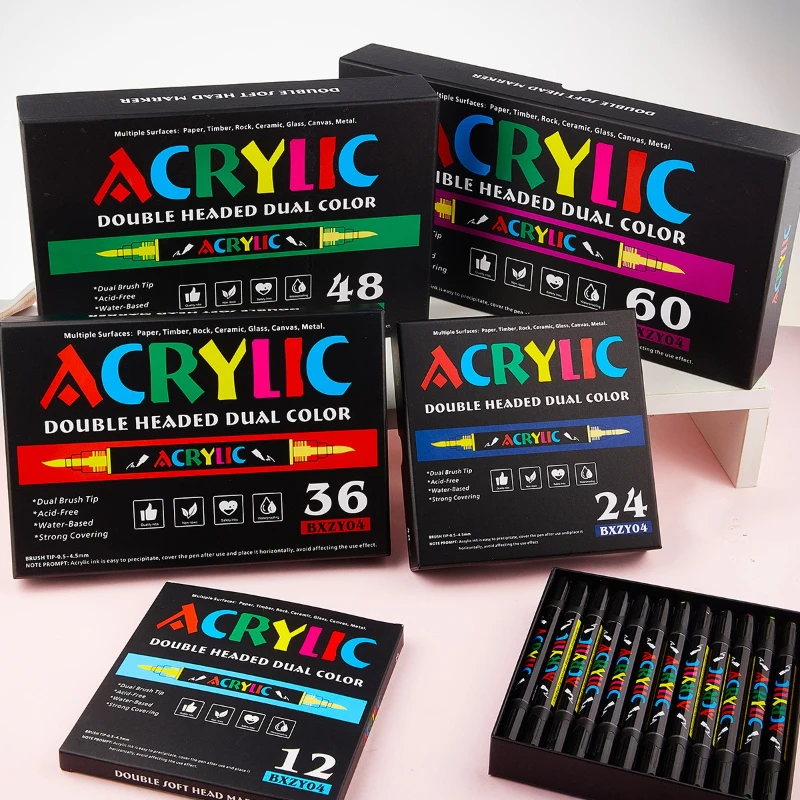 12/24/36/48/60pcs Double-headed Two-color Acrylic Marker Set Straight Liquid Type for Painting Graffiti Illustration Design