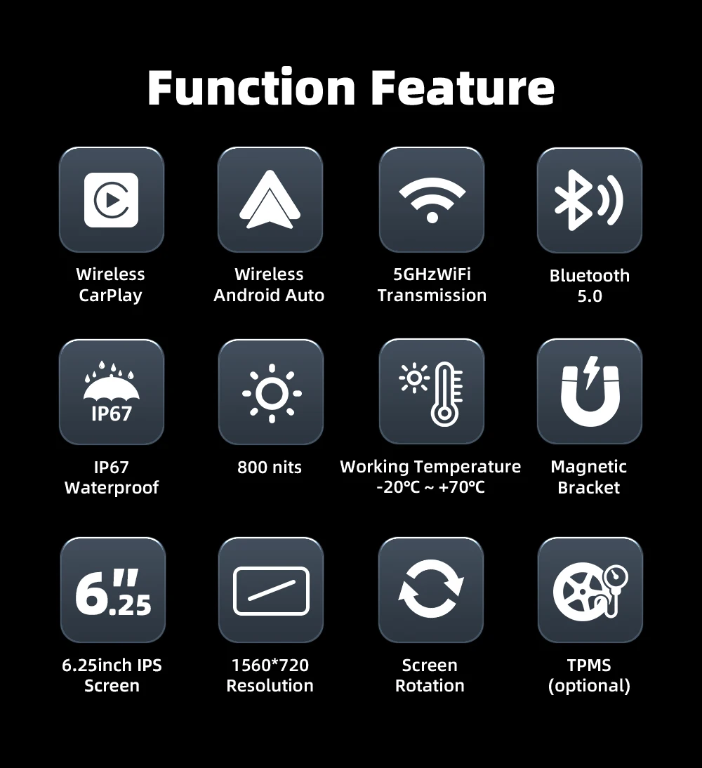 EKIY 6,25 Zoll Kabelloses CarPlay Moto Android Auto Tragbares Digitales Motorrad-Dashboard GPS-Navigation Abnehmbarer Bildschirm – Detail 2