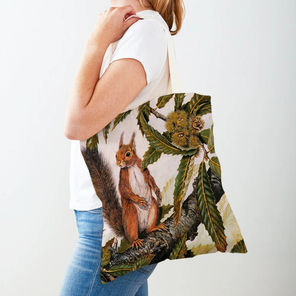 Women Shopping Bag Fox Bird Squirrel Print Both Sided Shopper Bag Reusable Canvas Cartoon Animal Casual Tote Shoulder Handbag