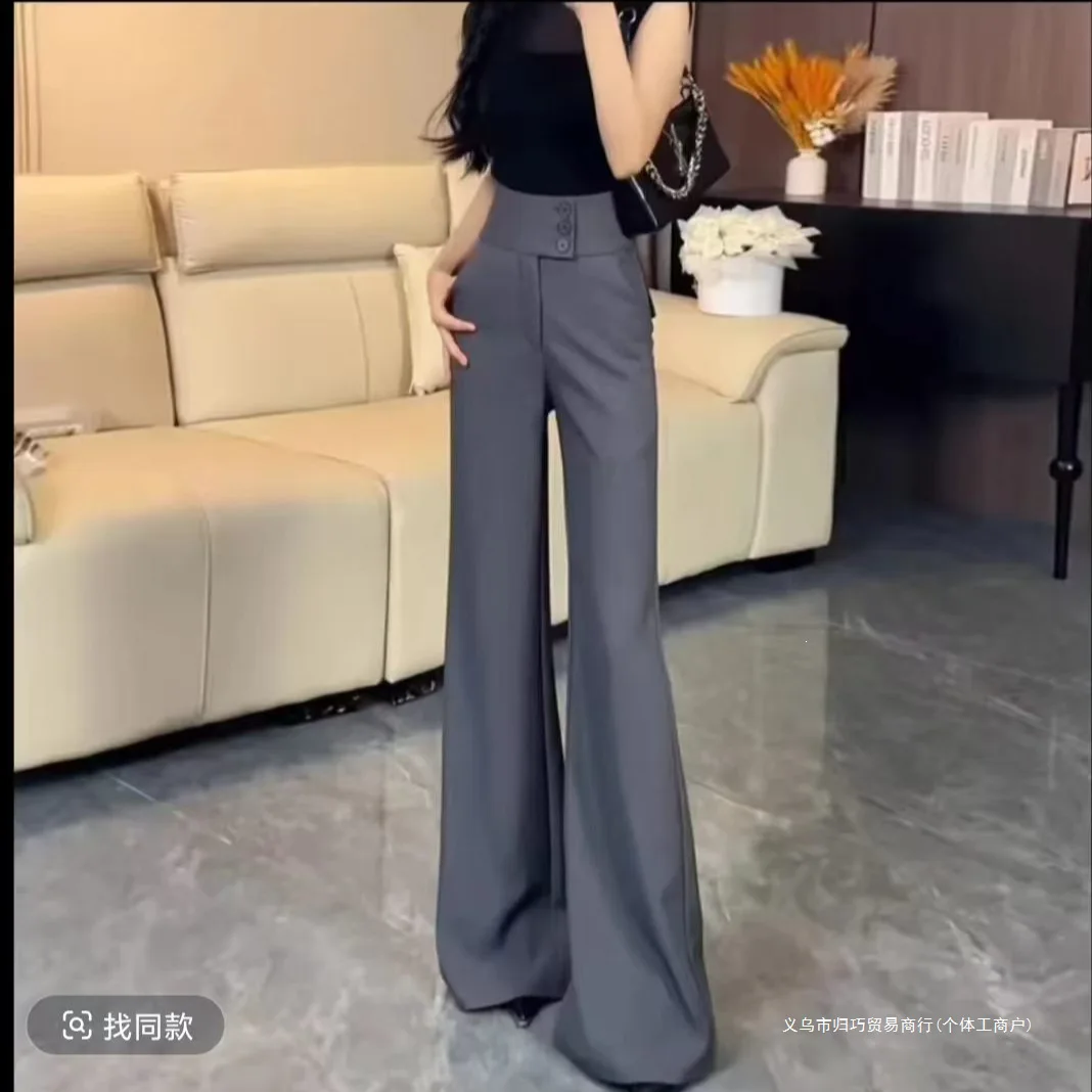 Summer Ladies Solid Color Non Stick Leg Flared Pantalons Korean Women Floor Length Casual Trousers Spring Femme High Waist Pants