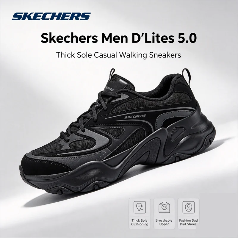 Skechers D'Lites 5.0 Men Casual Dad Sneakers 232492‑BBK Full Black Thick Sole Breathable Comfort Street Fashion Walking Shoes