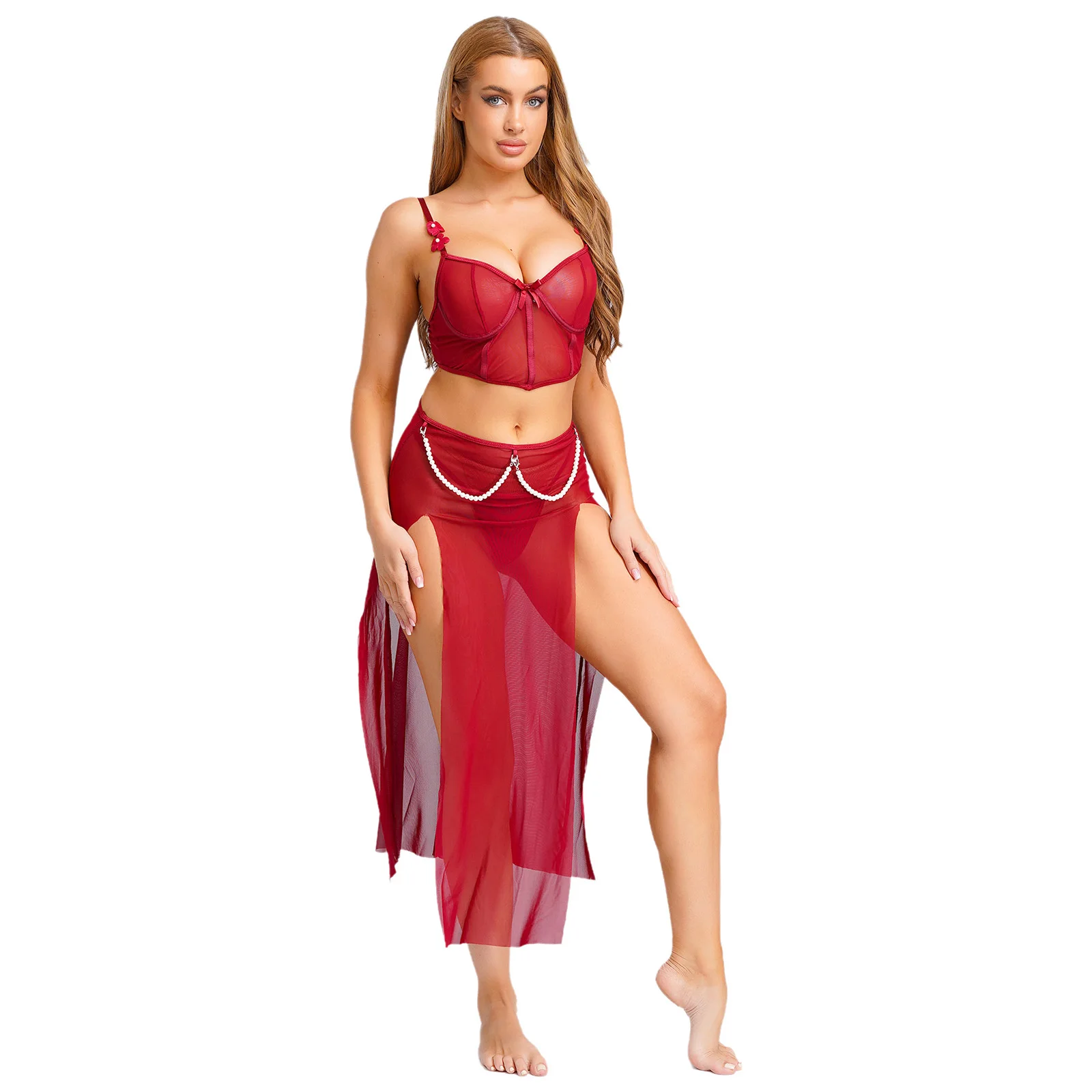 Women See Through Mesh Sexy Lingerie Sets Club Nightwear Unlined Underwire Bra Corset with T-back Thong And Split Maxi Skirt
