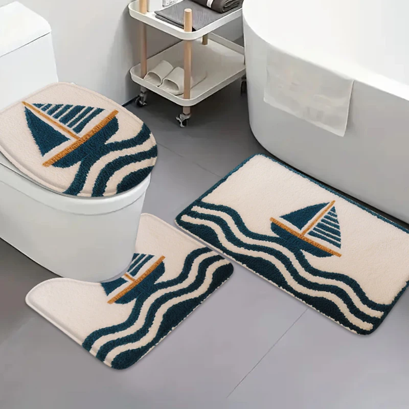 مجموعة سجادة حمام المحيط سجادة باب المنزل الحديثة سجادة الفانيلا لتزيين الحمام سجادة أرضية على شكل حرف U مع غطاء المرحاض