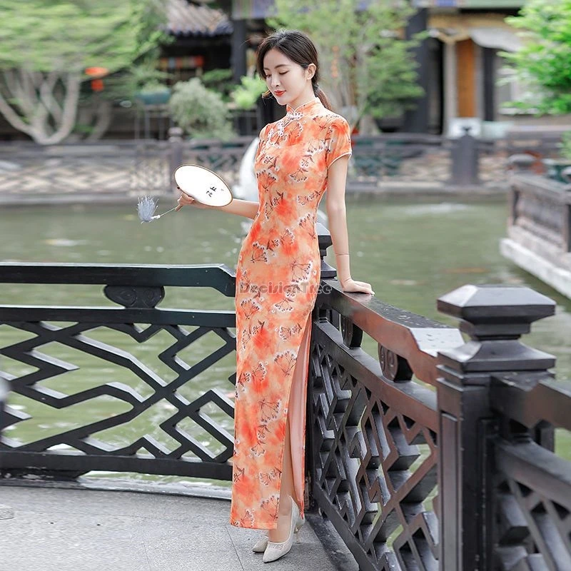 2025 new summer gauze cheongsam women\'s improved dress chinese style elastic slimming long traditional printed qipao dress w305