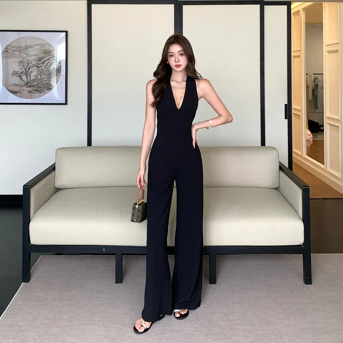 Mono largo de mujer con espalda en V profunda, sin espalda, de pierna ancha, sexy, con espalda cruzada, cintura alta, estilo palazzo, negro liso, para verano, overol de negocios