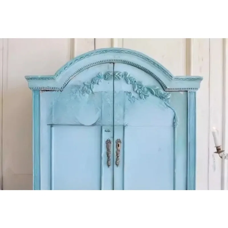M1L Solid wood furniture antique solid sky blue wardrobe high-end carved blue wardrobe