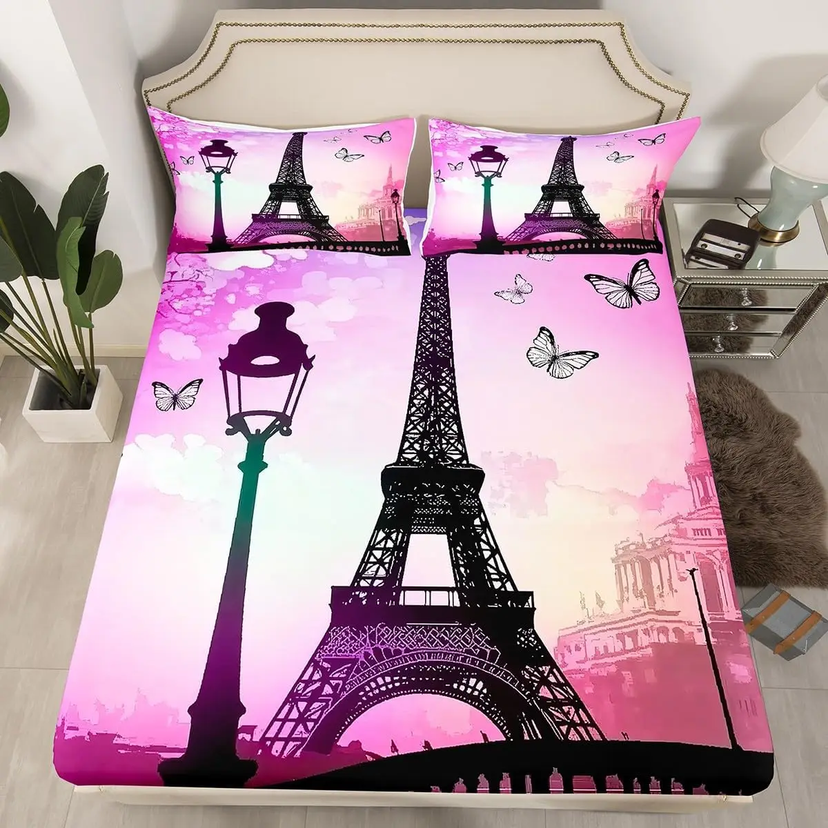 Eiffel Tower Fitted Sheet Twin Queen, Paris City Building Fashion Bedding Set,Roses Flowers Valentine's Romantic Bed Sheet Set