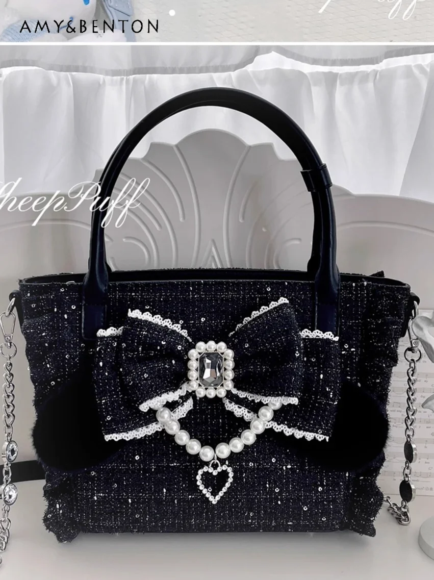 

Sweet Cute Handbag Original Mine Series Mass-Produced Japanese Bow Beaded Plush Handbag Versatile Kawaii Woolen Crossbody Bag