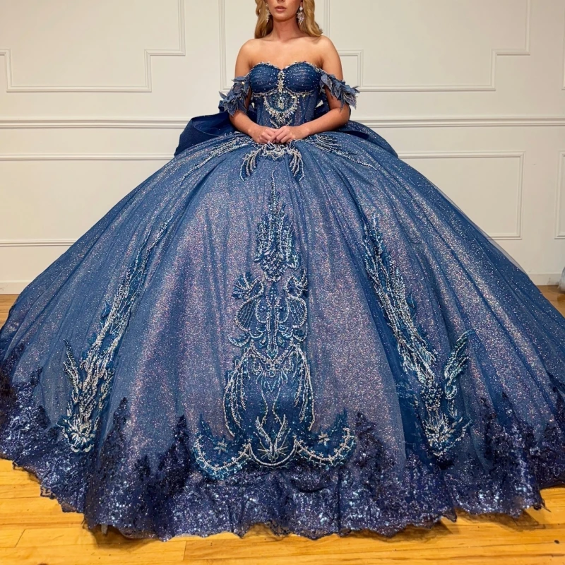 

Navy Blue Shiny Quinceanera Dresses Ball Gown Off The Shoulder Applique Lace Beading Crystal Bow Tull Party Birthday Sweet 16