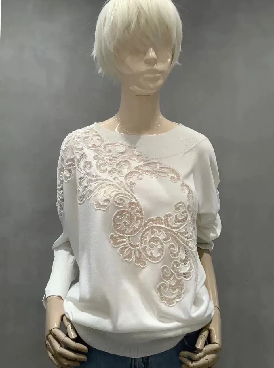 Quiet Luxury Silk Wool Blend Sweater Designer Floral Lace Knit Top Pullover Black White