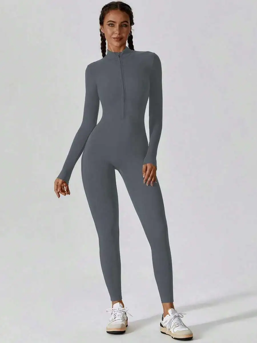 High Neck Half-Zip One-Piece Yoga Jumpsuit For Women, Long Sleeve Tummy Control & Butt Lifting Workout Bodysuit, Stretchy