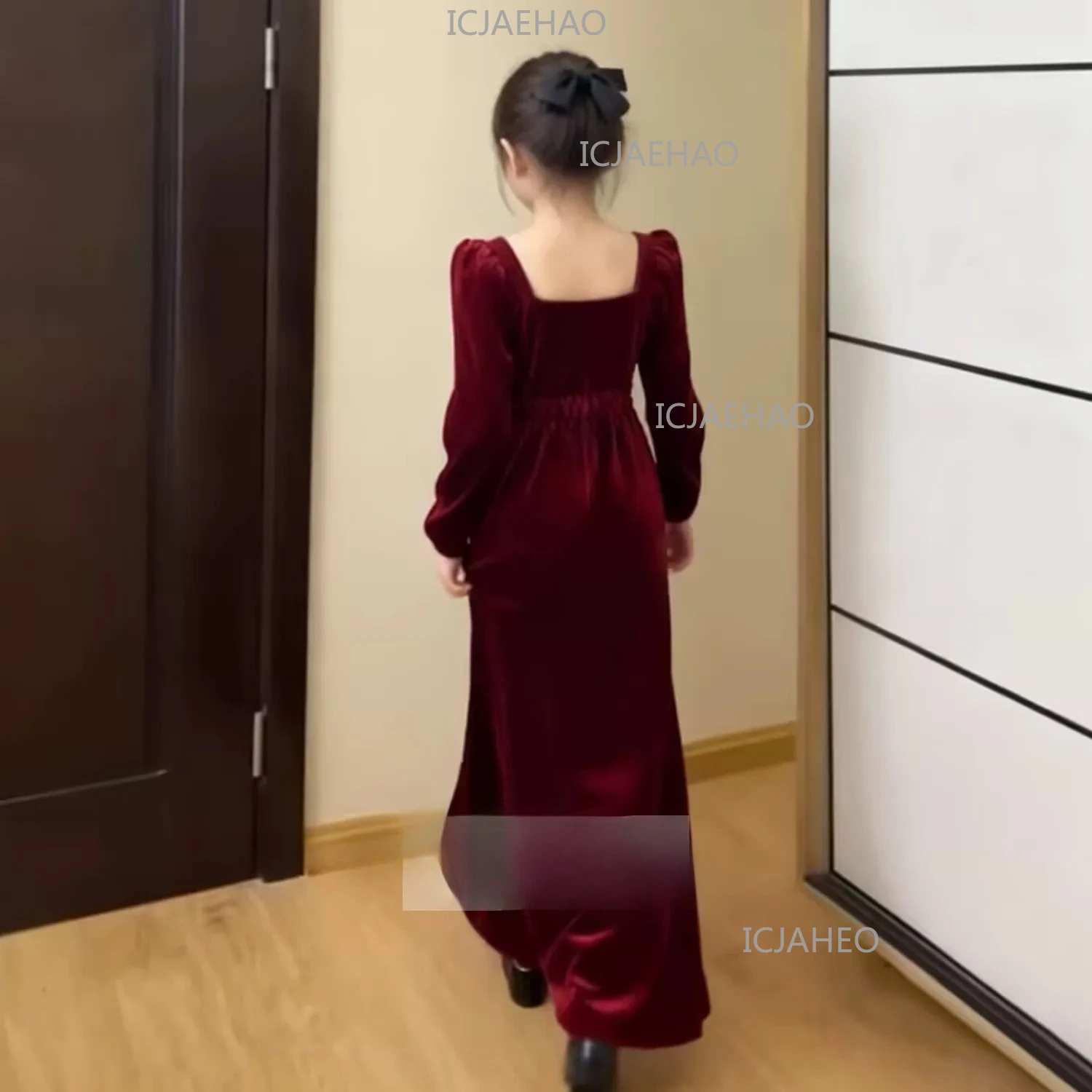 Girls Long Sleeve Evening Gown, Model Catwalk, Piano & Violin Performance, Hepburn Style Slim Fit, Guzheng Stage Costume Kids