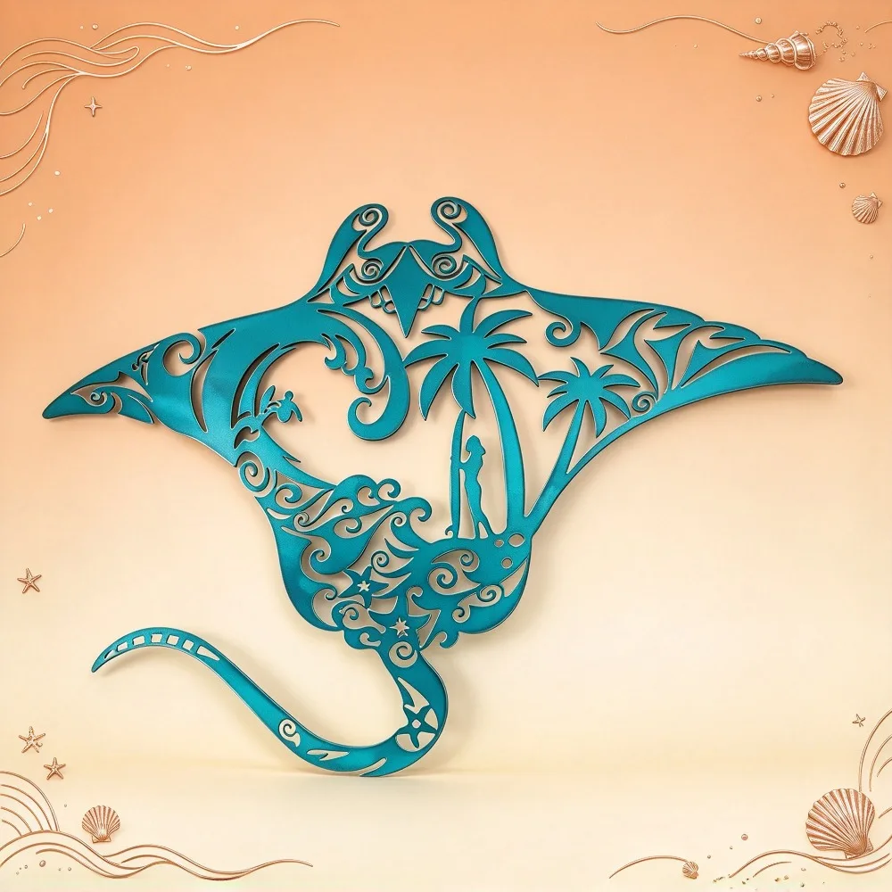 CIFBUY Blue Green Manta Ray Metal Wall Art Tropical Coastal Ocean Decor with Palm Tree Wave Surfer Silhouette for Living Room Ya