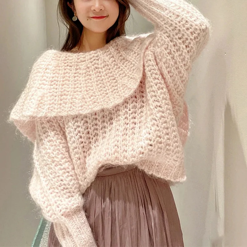 

Japanese Sweet Jumpers 2022 Autumn New Pullover Slash Neck Lapel Backless Drawstring Long Sleeve Solid Knitted Sweaters