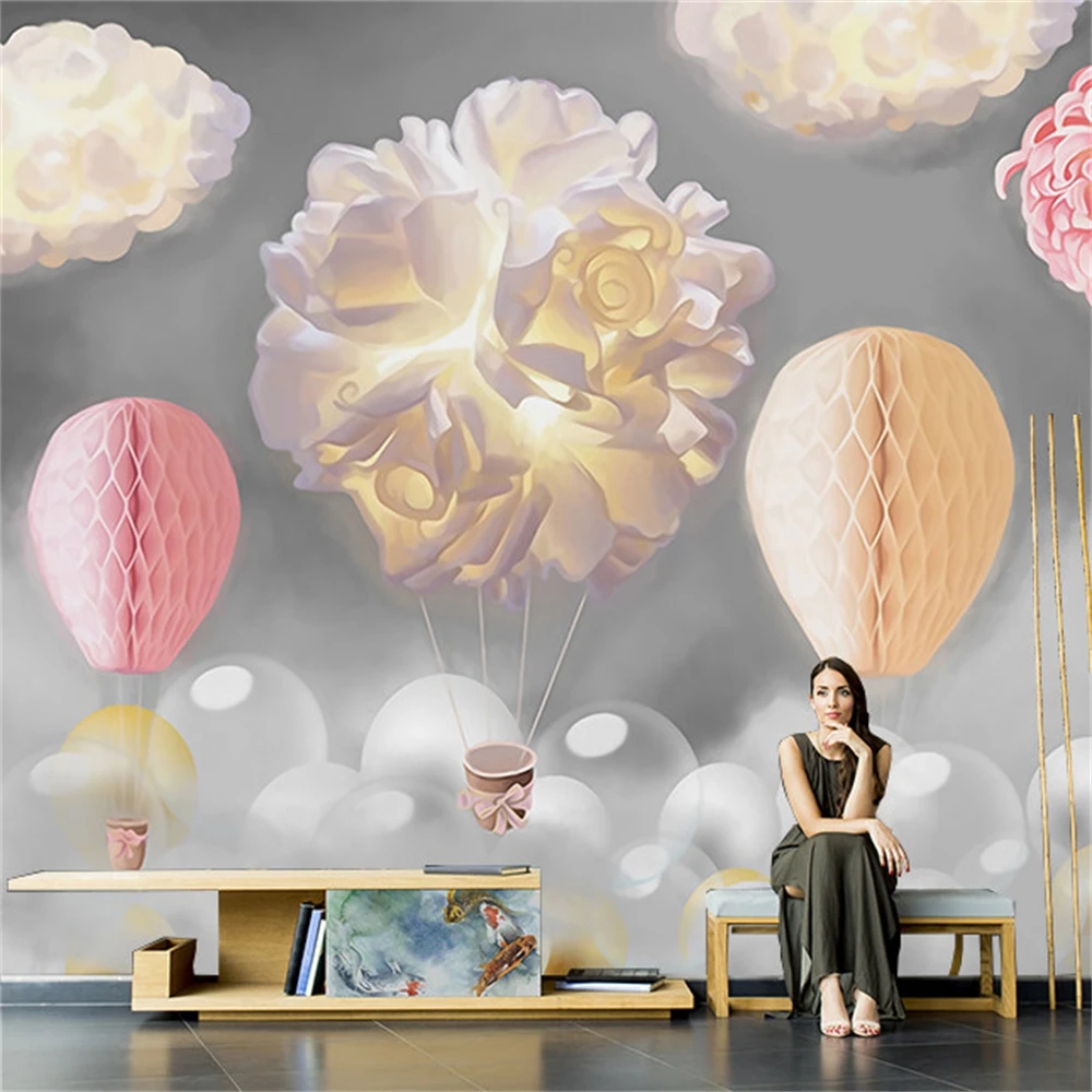 

Custom Cartoon Grey hot air balloon wallpaper for children's room Simple wallpaper Boys' bedroom mural kindergarten home decor